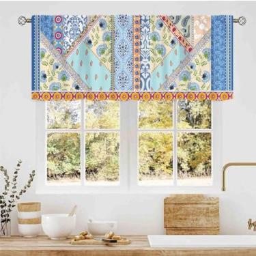Imagem de Saia floral vintage, boho azul patchwork costura Paisley flor primavera retrô colorido boêmio pequenas cortinas para janela curta para cozinha, café, sala de estar, quarto, armário, banheiro, 137 x 45