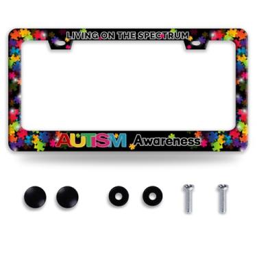 Imagem de Moldura de placa de licença de conscientização do autismo, quebra-cabeça engraçado, suporte de placa de licença colorido, aço inoxidável, peças decorativas para veículos padrão dos EUA Canadá 12,3 x