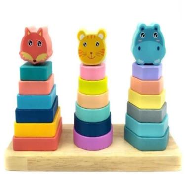 Imagem de Brinquedo Educativo Pirâmides Encaixar Bichinhos 22 Peças - GURU