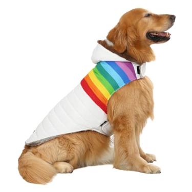 Imagem de HDE Casaco acolchoado para cães forrado com lã quente parka para cães casaco de inverno com furo de arreio branco listrado arco-íris - GG