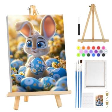 Imagem de MOGTAA Kit de pintura de coelhinho da Páscoa por números para adultos iniciantes com moldura, kits de pintura por números de ovos de Páscoa em tela com cavalete, kits de pintura a óleo DIY fáceis para