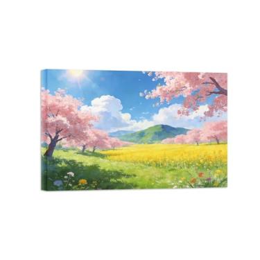Imagem de Impressão em tela de paisagem de arte de parede - árvore rosa flores amarelas - quadros de pintura de decoração para sala de estar pronta para pendurar tela emoldurada 80 x 120 cm 31 x 47 pol