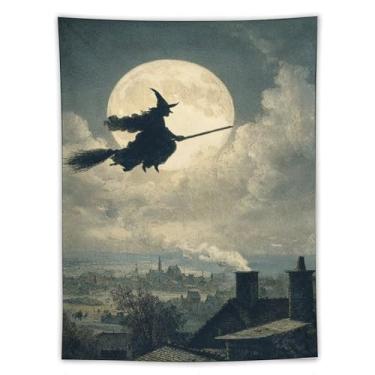Imagem de Tapeçaria vintage de Halloween bruxa na vassoura lua cheia horizonte assustador decoração de parede sala de estar quarto decoração de casa exclusivo pendurado têxtil 152 x 203 tapeçaria