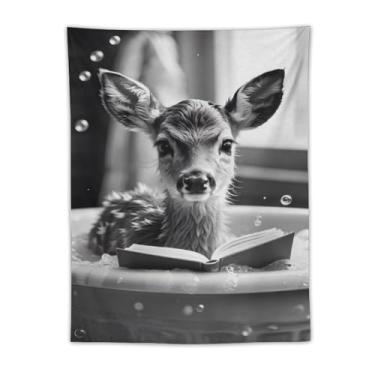 Imagem de Tapeçaria de leitura de cervo bebê na banheira preto branco bolhas cena adorável arte animal pendurar na parede decoração de casa caprichosa para banheiro, sala de estar, ambiente lúdico, tapeçaria 76