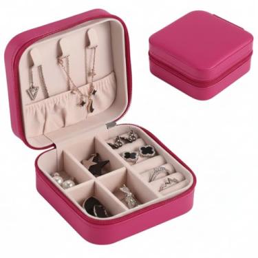 Imagem de Porta-Jóias Portátil de Viagem para Mulheres, Caixa Organizadora com Compartimentos para Colar, Brincos, Anéis e Pulseiras, Estojo Compacto com Zíper (Pink)