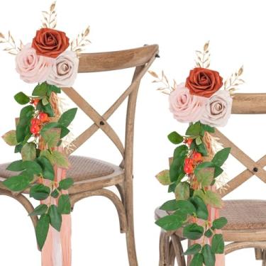 Imagem de Zythrem Decorações de corredor de casamento, 6 peças de flores artificiais para corredor de casamento com fitas de chiffon, decoração floral de encosto de cadeira para decoração de festa de igreja de