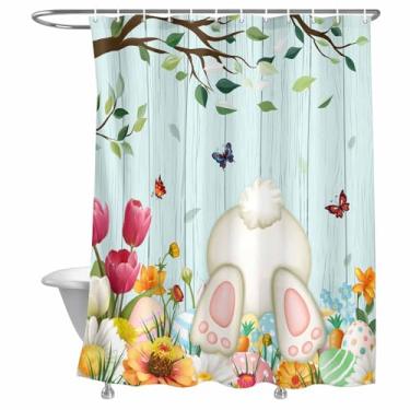 Imagem de ALAGEO Cortina de chuveiro de Páscoa Buuny Butt para decoração de banheiro, ovos de Páscoa, flores de primavera, borboleta, conjunto de cortinas de banho com ganchos para decoração de férias de