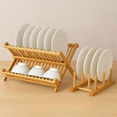 Imagem de Kit Escorredor Bambu Vasilha Prato Louça Louça Cozinha Bancada Suporte Organizador Copo Bancada(Kit Escorredor Bambu)