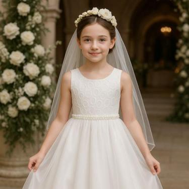 Imagem de Vestido sem manga com peito de renda gota branil saia com sobreposição