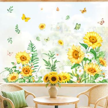 Imagem de Tanlaby Adesivos de janela de girassol primavera verão flores borboleta janela adesivos de vidro dupla face decoração anticolisão estática para sala de estar, cozinha, janelas, portas de banheiro