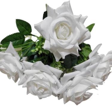 Imagem de Rosa Artificial Decorativa com 5 Flores na Ponta, Galho Realista para Arranjos e Decoração de Ambientes(Kit com 2 Unidades,Branco)
