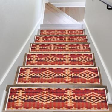 Imagem de Tapete antiderrapante para degraus de madeira vermelho étnico geométrico interno resistente a corredores tapetes de borracha para cães, crianças e idosos, aderência de escada