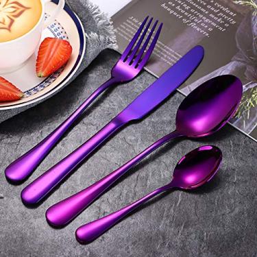 Imagem de Sunwinc Conjunto De Talheres, 20 Peças, Roxo, Para 4 Pessoas, Conjunto De Utensílios De Cozinha Em Aço Inoxidável, Conjunto De Talheres, Faca, Colher, Garfo Para Casa E Restaurante. Pode Ser Lavado
