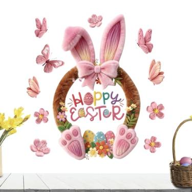 Imagem de Adesivos de janela de Páscoa com coelhinho, adesivo de janela de Páscoa, borboletas e flores, decalques estáticos para vidro, 30 x 40 cm, decoração de festival de primavera para casa, sala de aula