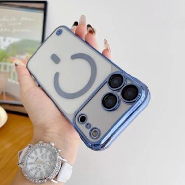 Imagem de SFDSUH Capa fina e sem moldura com lente de vidro e carregamento sem fio para iPhone 16 Pro Max (Azul)