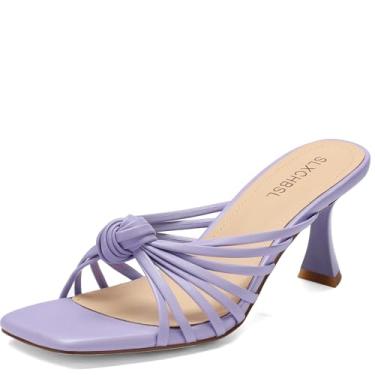 Imagem de SLXCHBSL Salto gatinho com tiras para mulheres, com nó quadrado, bico aberto, sandálias sem cadarço para festas, casamentos, feriados, Roxa, 36