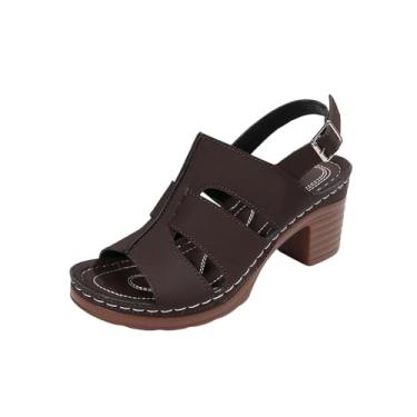 Imagem de Sandálias femininas com fivela de tira única com salto grosso, design aberto e confortável para ocasiões casuais, Café, 35