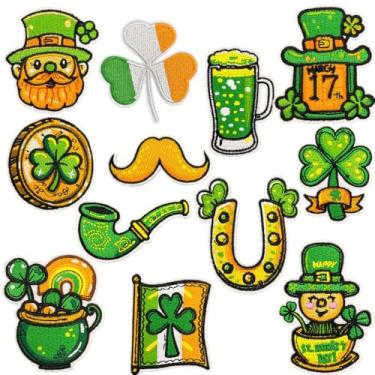 Imagem de Adesivos de trevo do Dia de São Patrício - Pacote com 10 adesivos com tema irlandês verde costurado em reparo bordado bonito trevo da sorte chapéu ferradura padrão bandeira irlandesa aplique de ferro