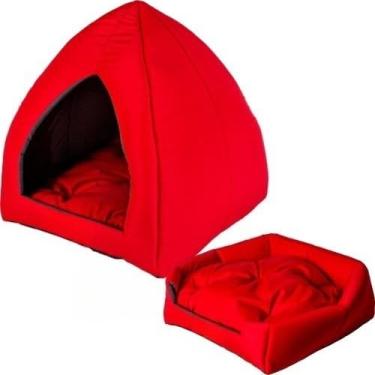 Imagem de Cama Pet Iglu 2 em 1 Grande 45x45cm para Cachorro e Gato | Toca ou Caminha Dobrável, Lavável, Impermeável, Conforto Térmico(Vermelha)