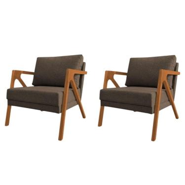 Imagem de Conjunto 2 Poltronas Sala De Estar Monique Madeira Cerejeira Marrom Linho