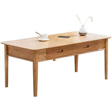 Imagem de Mesa de centro de bambu com 2 gavetas e prateleira de armazenamento para sala de estar, mesa de TV, mesa retangular de sofá, mesa de escritório sólida elegante e funcional fácil montagem