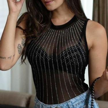 Imagem de Body chuva transparente tule regata com aplique de pedrarias de brilho
