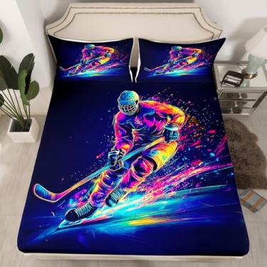 Imagem de Erosebridal Jogo de lençol casal, jogador de hóquei, neon, hóquei no gelo, colorido, para crianças, meninos, meninas, esportes, jogos, graffiti, lençol com elástico