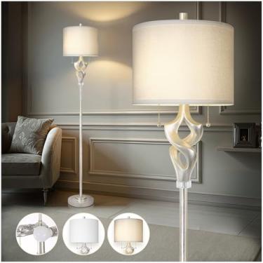 Imagem de Scenekoy Luminária de chão escultural de 166 cm para sala de estar, quarto, acabamento de folha prateada e corpo de resina, lâmpada de pé com interruptor de corrente de puxar, lâmpada de canto