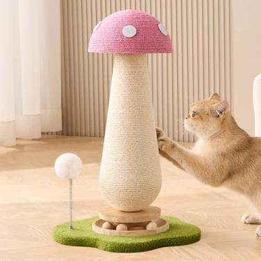 Imagem de Árvore de gato cogumelo arranhador, 53 cm A torre arranhadora para gatos fofos com toca-discos de madeira maciça durável, cogumelo rosa bebê arranhador de sisal com erva de gato para gatos adultos em