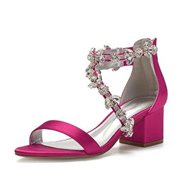 Imagem de Hyinlays Sandália feminina de salto grosso de cristal para noiva, bico aberto, formal, vestido de festa, sapato de salto baixo, Fúcsia, 35