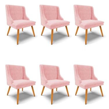 Imagem de Kit 6 Cadeiras Estofadas Para Sala De Jantar Pés Palito Lia Suede Rosa Bebê - Ibiza