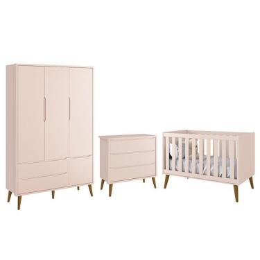 Imagem de Dormitório Infantil Theo Retrô 3 Portas Cômoda E Berço Rosa Fosco Com Pés Amadeirado Reller Móveis Rosa Fosco