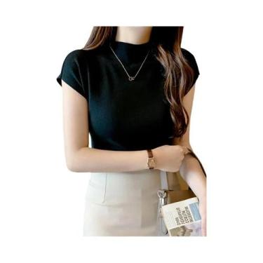 Imagem de Camisetas Femininas De Verão Tricotadas Com Gola Alta E Sem Mangas, Aj