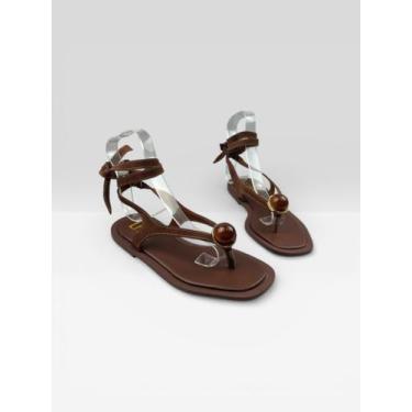 Imagem de Sandália Rasteira Feminina Amarração E Fivela Marrom - LITTZ, Terra, C
