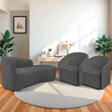 Imagem de Kit Sofá Curvo França 160cm Ld. E 2 Poltronas Luiza Max Conforto, Elegância E Design Moderno Linho Cinza Escuro