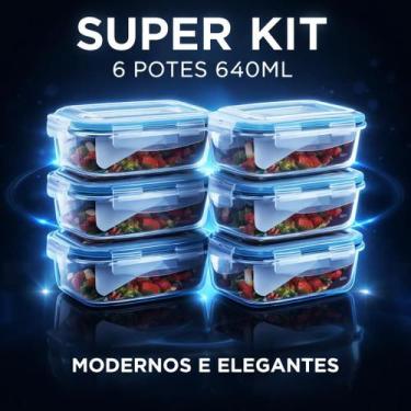Imagem de Jogo 06 Pote Vidro Hermético Marmita Mantimentos Tampa 640ml - BelaKaz