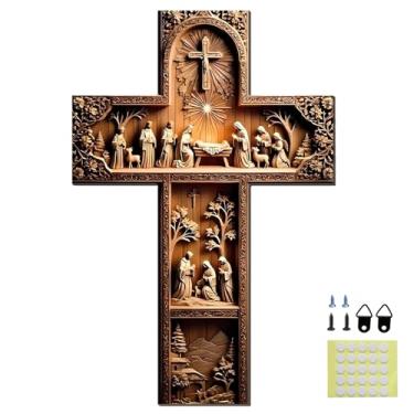 Imagem de Decoração de parede de cruz de madeira - Decoração de arte de parede cristã vintage abençoada de 30 cm, decoração de presépio para jardim, casa, sala de estar, quarto, entrada, presente de sala de