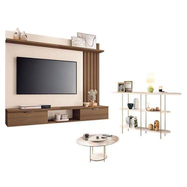 Imagem de Painel Suspenso Lets com Mesa de Centro Sky com tampo de Vidro e Aparador Infinity Castanho Off White - HB Móveis
