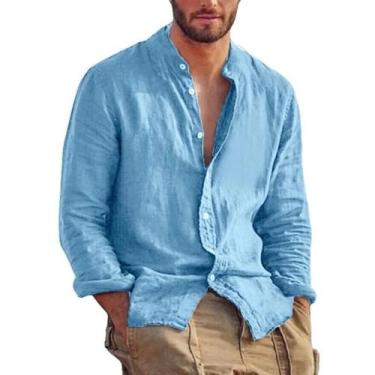 Imagem de Camisa Masculina De Linho De Manga Longa, Cor Sólida, Casual, Leve, Re