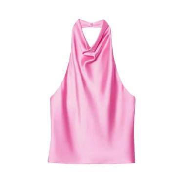 Imagem de Top Halter Preto De Cetim Sem Costas Para Mulheres, Camisola Rosa De V