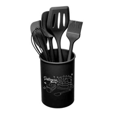 Imagem de Conjunto 5 Utensílios para Confeitaria Silicone com Suporte Preto Lyor