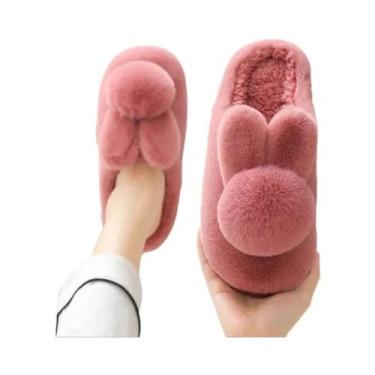 Imagem de Pantufas Femininas De Pelúcia Com Orelhas De Coelho Antiderrapantes Qu