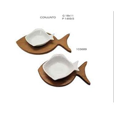 Imagem de Conjunto de 2 mini bowls peixe branco com suporte em madeira natural Home Garden