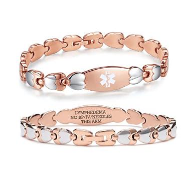 Imagem de Bracelete feminino de identificação médica de coração duplo linnalove com pulseira de aço inoxidável de 19 cm com pré-gravação 7.5 inches