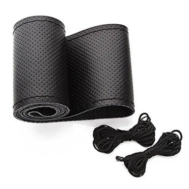 Imagem de Onerbuy Capa universal de couro para volante de carro, costura DIY, respirável e antiderrapante, máximo para volante de carro de 38 cm de diâmetro (preto)