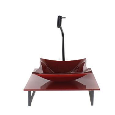 Imagem de KIT CUBA DE VIDRO QUADRADA 10MM COM TAMPO DE VIDRO 40CM X 40CM VERMELHO CEREJA FULL E SUPORTE PRETO