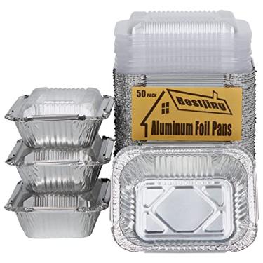 Imagem de Pacote com 50 bandejas descartáveis para viagem com tampas de plástico transparente - 13 x 10 x 4 cm recipientes de alimentos de alumínio com vedação forte para preparação de refeições, freezer, bandeja de gotejamento para churrasco