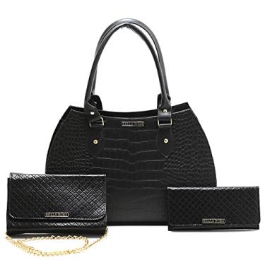 Imagem de Bolsa Feminina Pasta Grande De Ombro + Bolsa Pequena Festa Clutch Transversal + Carteira Feminina (Preto)