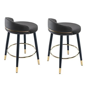 Imagem de Pele Nappa Cinzento Escuro Cadeiras Bar Giratórias Bancos de Bar Conjunto de 2 Bancos de Bar com Ilha de Contra Altura Pernas em Ouro Preto Cromado Ilha Cozinha,sem braços Pedais redondos 360° Assento