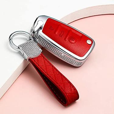 Imagem de YJADHU Suporte de proteção feminino capa de chave de carro capa de chave de couro chaveiro anel, apto para AUDI A1 A4 A3 A6 TT Q3 Q7 S3, vermelho com chaveiroB